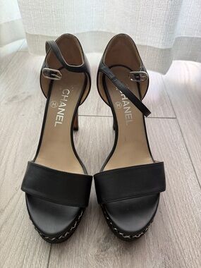 CHANEL Black Leather Open-Toe Ankle-Strap Heels